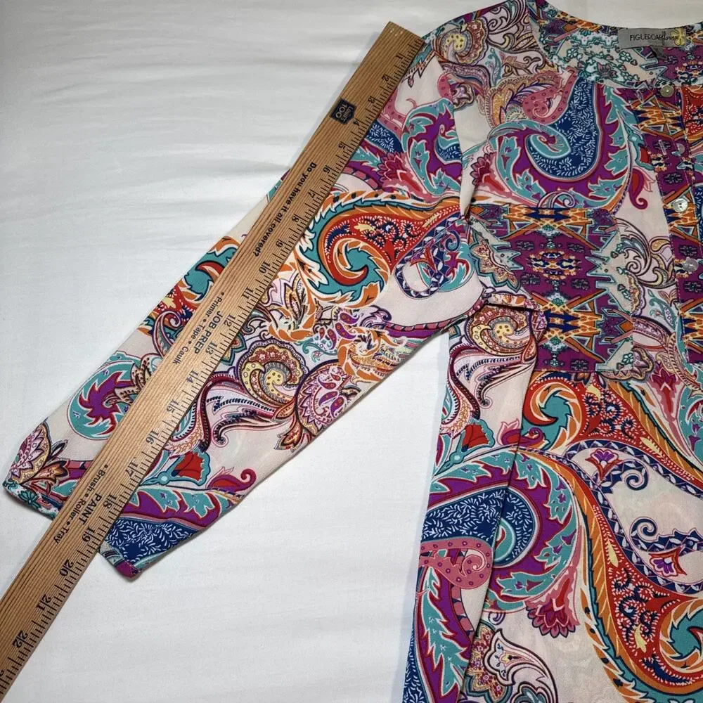 Figueroa & Flower Tunic Dress Womens XL Multicolor Paisley Boho Pocket Shirt EUC